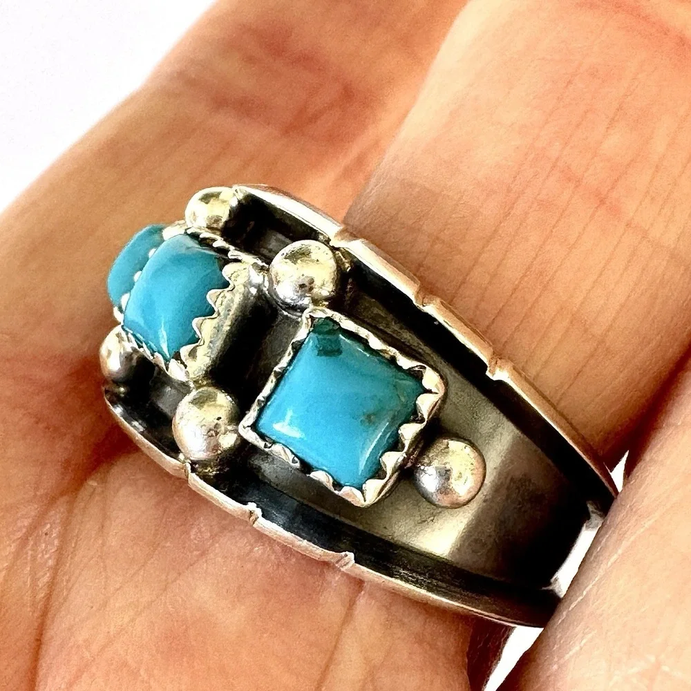Navajo Turquoise Mens Band Sz 11 Three Stone‎ Ring 12mm Sterling Dark Cadman